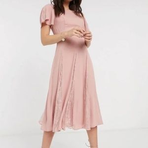 ASOS Midi Dress with Lace Panels and Blouson Bodice in Misty Rose